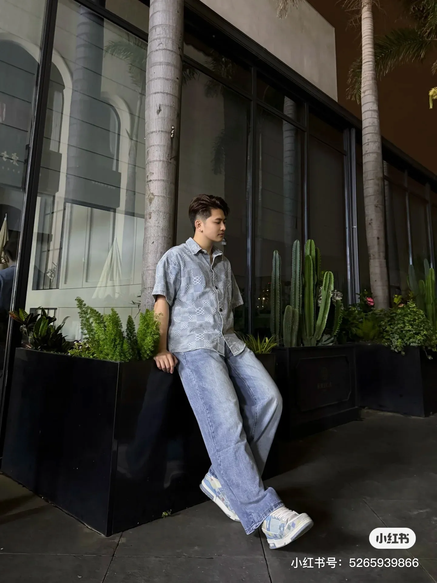 Louis Vuitton/Louis Vuitton checkerboard suit denim short-sleeved shirt